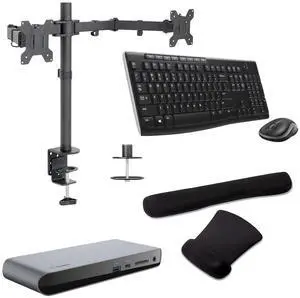 Belkin Thunderbolt 3 Dock Pro 85W Dock, Dual 4K Support, DisplayPort, USB-C, SD Port and USB Bundled with Desk Mount Monitor Stand, MK270 Wireless Keyboard & Mouse, Gel Pad, Mac & Surface Compatible