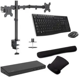 Belkin Universal USB-C 85W Dock, Triple 4K Support, HDMI, USB-C, DisplayPort and USB Hub Bundled With Desk Mount Dual Monitor Stand, MK270 Wireless Keyboard & Mouse, Gel Mouse & Wrist Pad