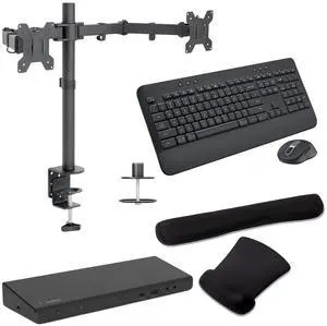 Belkin Universal USB-C 85W Dock, Triple 4K Support, HDMI, USB-C, DisplayPort and USB Hub Bundled With Desk Mount Dual Monitor Stand, MK650 Wireless Keyboard & Mouse, Gel Mouse & Wrist Pad