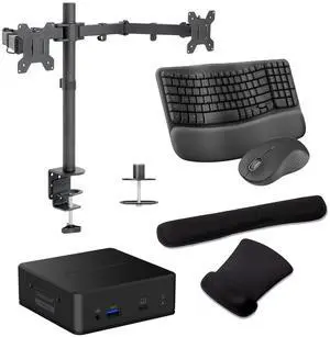 Belkin Connect Universal USB-C 85W Dock, Dual FHD Support, HDMI, and USB Hub Bundled With Desk Mount Dual Monitor Stand, MK670 Wireless Keyboard & Mouse, Gel Mouse & Wrist Pad