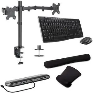 Belkin Universal USB-C 11-in-1 Pro 100W Dock, Triple 4K Support, HDMI, VGA and USB Hub Bundled With Desk Mount Dual Monitor Stand, MK270 Wireless Keyboard & Mouse, Gel Mouse & Wrist Pad