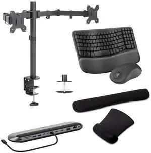Belkin Universal USB-C 11-in-1 Pro 100W Dock, Triple 4K Support, HDMI, VGA and USB Hub Bundled With Desk Mount Dual Monitor Stand, MK670 Wireless Keyboard & Mouse, Gel Mouse & Wrist Pad