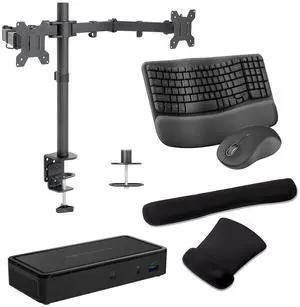 Belkin Thunderbolt 3 Dock Plus 60W, Dual 4K Support, DisplayPort, USB-C and USB Hub Bundled With Desk Mount Monitor Stand, MK670 Wireless Keyboard & Mouse, Gel Pad, Mac & Surface Compatible