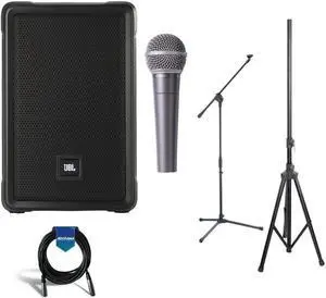 JBL IRX108BT 8" Two-Way Portable Powered PA Loudspeaker with Bluetooth - Behringer ULTRAVOICE XM8500 Dynamic Cardioid Vocal Microphone - 6' Speaker Stand - Mic Stand - 20' XLR Cable