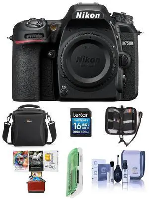 Nikon D7500 DX-format Digital SLR Camera Body, Black - Bundle With 16GB SDHC Card, Camera Bag, Cleaning KIt, Memory Wallet, Card Reader, Mac Software Package