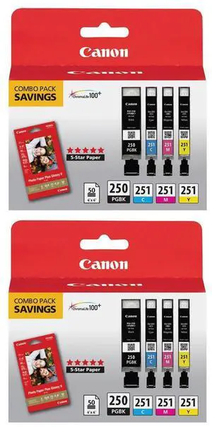 Canon 2 Pack PGI-250 and CLI-251 4-Cartridge Combo Pack, Includes Photo Paper Plus Glossy II, CLI-251C, CLI-251Y and CLI-251M Ink Tank, PGI-250PGBK Black Ink Tank for Select PIXMA Printers