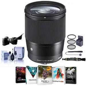 Sigma 16mm f/1.4 DC DN Contemporary Lens for Canon EF-M, Black, Bundle with ProOptic 67mm Filter Kit, Flex Lens Shade, Cleaning Kit, Cap Tether, Lens Cleaner, PC Software Kit