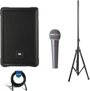 JBL IRX108BT 8" Two-Way Portable Powered PA Loudspeaker with Bluetooth - Behringer ULTRAVOICE XM8500 Dynamic Cardioid Vocal Microphone - 6' Speaker Stand - 20' XLR Cable