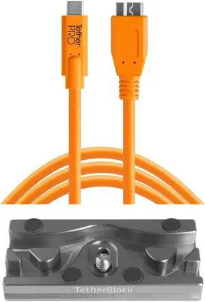 Tether Tools TetherBLOCK QR Plate, 15' USB-C to Micro-USB 3.0 B Cable, Orange