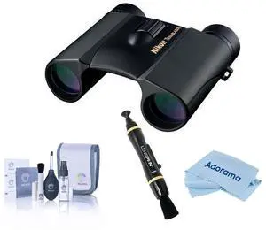 Nikon 10x25 Trailblazer ATB Compact Roof Prism Binocular with 6.5 Degree Angle of View, Black, Bundle with Cleaning Kits