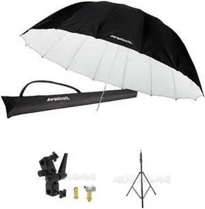 Westcott 7 Feet Parabolic Umbrella, White/Black BUNDLE with Umbrella Bracket / Adjutsable Flash Mount, 8.5' Black Lightstand