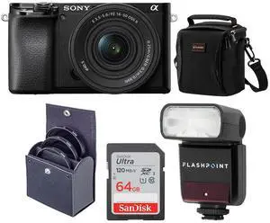 Sony Alpha a6100 Mirrorless Camera with 16-50mm Lens W/FP TTL R2 Flash Bundle