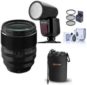 Fujifilm XF 50mm f/1.0 R WR Lens, Black, Bundle with Flashpoint Zoom Li-on X R2 TTL On-Camera Round Flash, Lens Case, Filter Kit, Cleaning Kit