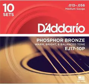 D'Addario EJ17 Phosphor Bronze Acoustic Guitar Strings Set, Medium, 13-56 Gauge, 10-Pack