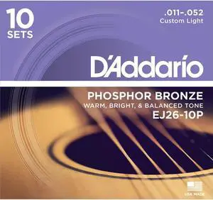 D'Addario EJ26 Phosphor Bronze Acoustic Guitar Strings Set, Custom Light, 11-52 Gauge, 10-Pack