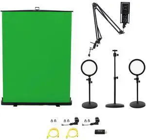 Ikan Homestream Video Kit #4 with 2x Desktop Lights, Pull-Up Green Screen & Podcast Microphone