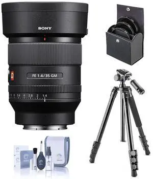 Sony FE 35mm f/1.4 GM Lens, Bundle with Takama Flip-Zip 4-Section Photo Tripod/Monopod w/2-Way Head, Filter Kit, Cleaning Kit