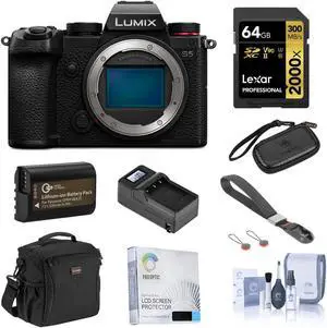 Panasonic LUMIX DC-S5 Mirrorless Camera Bundle with 64GB UHS-II V90 SD Card, Card Case, Bag, Wrist Strap, Extra Battery, Charger, Screen Protector, Cleaning Kit
