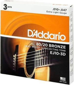 D'Addario EJ10 80/20 Bronze Acoustic Guitar Strings Set, Extra Light, 3-Pack