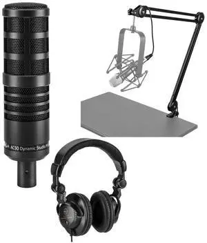 H&A AC50 Cardioid Dynamic Studio Broadcast Microphone Bundle with Studio Monitor Headphones, Broadcast Arm with Springs and XLR Cable
