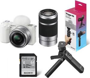 Sony ZV-E10 Mirrorless Camera with 16-50mm & 55-210mm Lens, White & Vlogger Kit