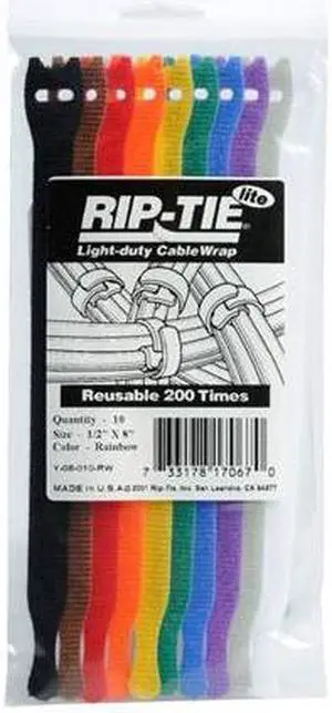 Rip-Tie Lite 1/2x8" Light-Duty Strap, 10/Pack, Rainbow #Y-08-010-RW