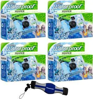 Fujifilm 4-PACK QuickSnap 800 Waterproof 35mm One-Time-Use Disposable Camera, 27 Exposures with Panasonic Floating Camera Strap