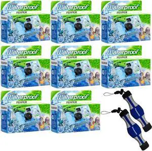Fujifilm 8-PACK QuickSnap 800 Waterproof 35mm One-Time-Use Disposable Camera, 27 Exposures with Panasonic Floating Camera Strap
