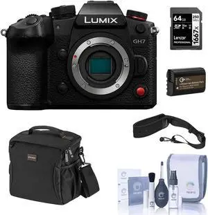 Panasonic LUMIX GH7 Mirrorless Camera, Bundle with 64GB Memory Card, Li-Ion Battery, Shoulder Bag, Camera Strap and Cleaning Kit