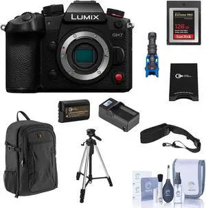 Panasonic LUMIX GH7 Mirrorless Camera, Bundle with 128GB Memory Card, Al 3-Section Tripod, Shotgun Microphone and Backpack