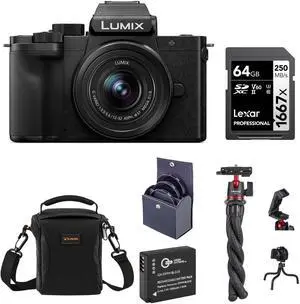 Panasonic LUMIX DC-G100D Mirrorless Camera with G Vario 12-32mm f/3.5-5.6 ASPH OIS Lens, Bundle with Battery, 64GB Memory Card and Tripod