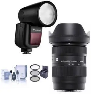 Sigma 28-70mm f/2.8 DG DN Contemporary Lens for Sony E, Bundle with Flashpoint Zoom Li-on X R2 TTL On-Camera Round Flash Speedlight, 67mm Filter Kit, Cleaning Kit