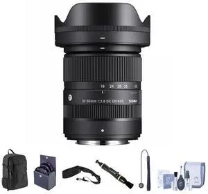 Sigma 18-50mm f/2.8 DC DN Contemporary Lens for Fujifilm X, Bundle with Backpack, Camera Strap, 55mm Filter Kit, Lens Cleaner, Cleaning Kit, Lens Cap Tether