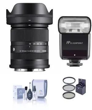 Sigma 18-50mm f/2.8 DC DN Contemporary Lens for Sony E, Bundle with Flashpoint Zoom-Mini TTL R2 Flash, 55mm Filter Kit, Cleaning Kit