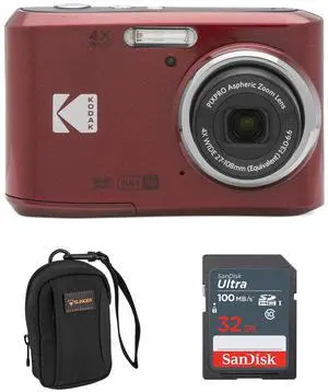 Kodak PIXPRO FZ45 Friendly Zoom 16MP FHD Digital Camera, Red, w/32GB Card & Bag