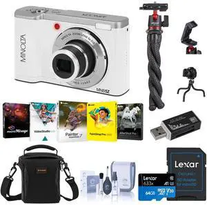Minolta Minolta MNB5Z 56MP 5K Ultra HD 2.8" LCD Screen Digital Camera, White, Bundle with Shoulder Bag, 64GB Memory Card, Tripod, Cleaning Kit, PC Software Kit