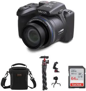 Minolta ProShot MN40Z 20MP Full HD Camera with 40x Optical Zoom, Black, Bundle with MT-11 Multifunctional Octopus Tripod, 64GB SDXC Memory Card and Shoulder Bag