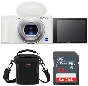 Sony ZV-1 Compact 4K HD Camera, White, Bundle w/32GB Memory Card & Shoulder Bag