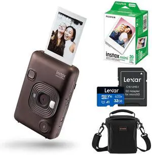Fujifilm Instax Mini LiPlay Hybrid Instant Camera, Deep Bronze, Bundle with 20 Exposures Film Pack, 32GB UHS-I microSDHC Memory Card and Shoulder Bag