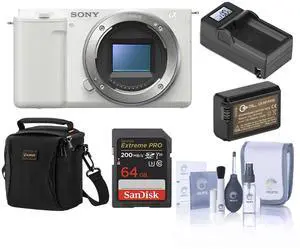 Sony ZV-E10 Mirrorless Camera, White, Bundle with 64GB Memory Card, Li-Ion Battery and Shoulder Bag
