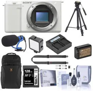 Sony ZV-E10 Mirrorless Camera, White, Bundle with 128GB Memory Card, Li-Ion Battery, Tripod, Shotgun Microphone and Backpack