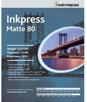 Inkpress Duo Matte 80 Inkjet Paper, 215 gsm Weight, 12 mil Thickness, 95% Brightness, Double Sided, 4x6", 100 Sheets