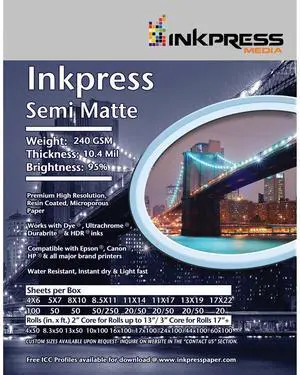 Inkpress Semi Matte Inkjet Photo Paper, 10.4mil, 240gsm, 95% Bright, 8.5x11", 50 Sheets