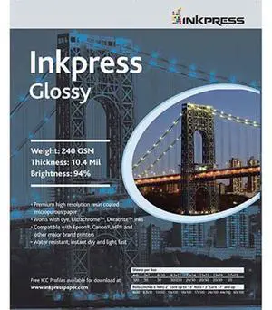 Inkpress Glossy Single Sided Gloss Surface Inkjet Paper, 240gsm, 10.4 mil., 11x17", 250 Sheets