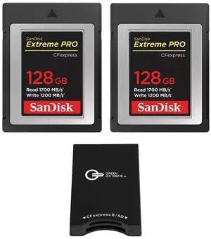 SanDisk Extreme PRO 128GB CFexpress Type-B Memory Card, 2-Pack, Bundle with Green Extreme Dual-Slot Memory Card Reader