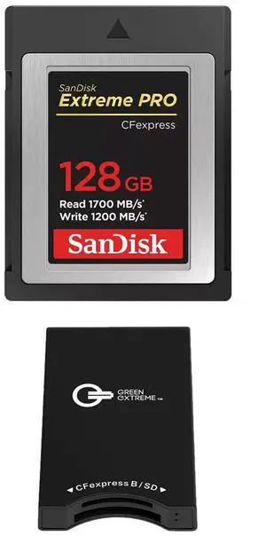 SanDisk Extreme PRO 128GB CFexpress Type-B Memory Card, Bundle with Green Extreme Dual-Slot Memory Card Reader
