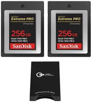 SanDisk Extreme PRO 256GB CFexpress Type-B Memory Card, 2-Pack, Bundle with Green Extreme Dual-Slot Memory Card Reader