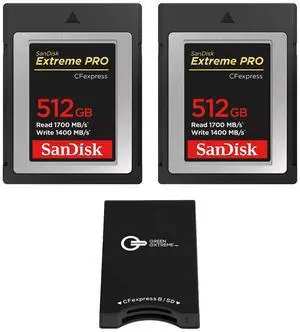 SanDisk Extreme PRO 512GB CFexpress Type-B Memory Card, 2-Pack, Bundle with Green Extreme Dual-Slot Memory Card Reader