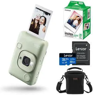 Fujifilm Instax Mini LiPlay Hybrid Instant Camera, Matcha Green, Bundle with 20 Exposures Film Pack, 32GB UHS-I microSDHC Memory Card and Shoulder Bag