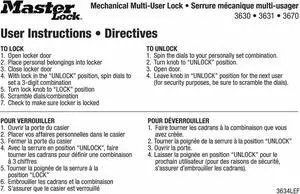 MASTER LOCK 3634LEF Instruction Sticker,English/French